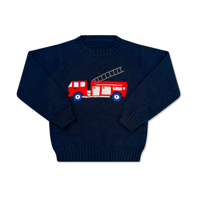 Navy blue sweater with a red fire truck design on the back against a white background