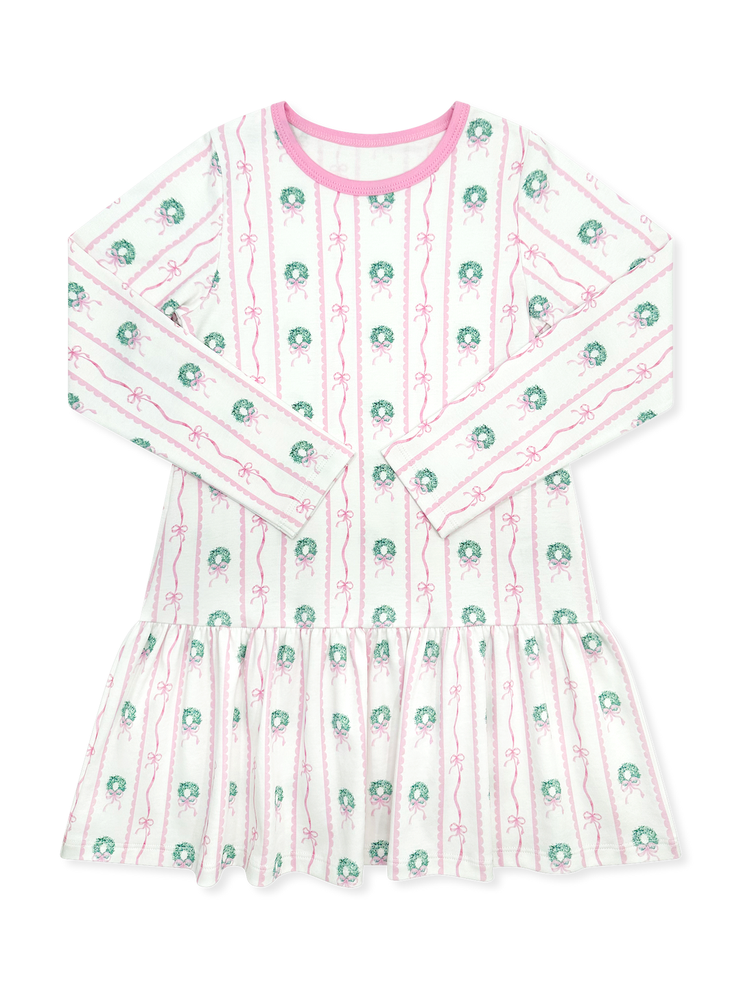 A long-sleeve tiered dress featuring a white base with vertical pink wavy stripes and small green wreath motifs, finished with a pink crew neck.