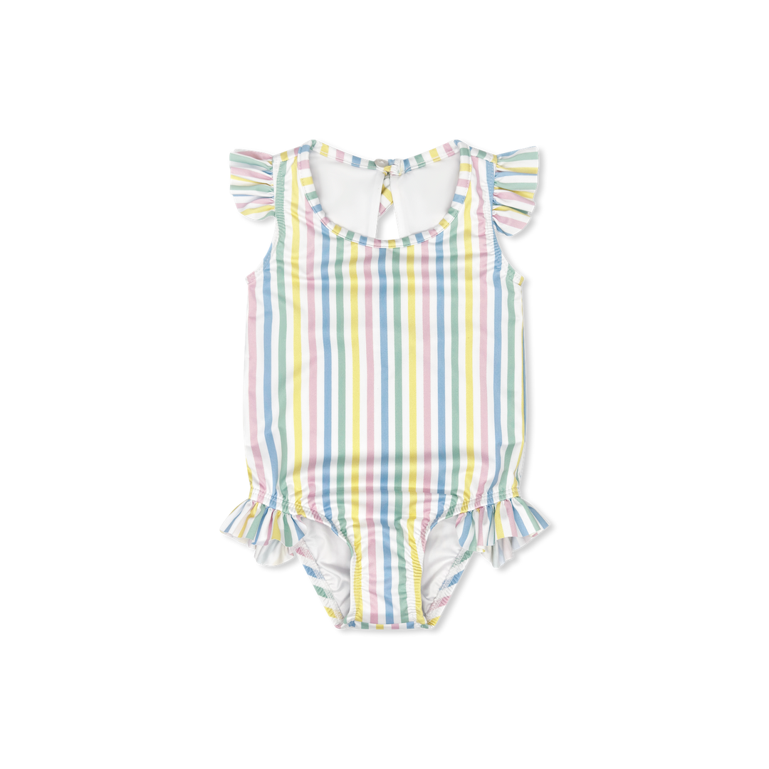 Striped baby romper with ruffled sleeves on a white background