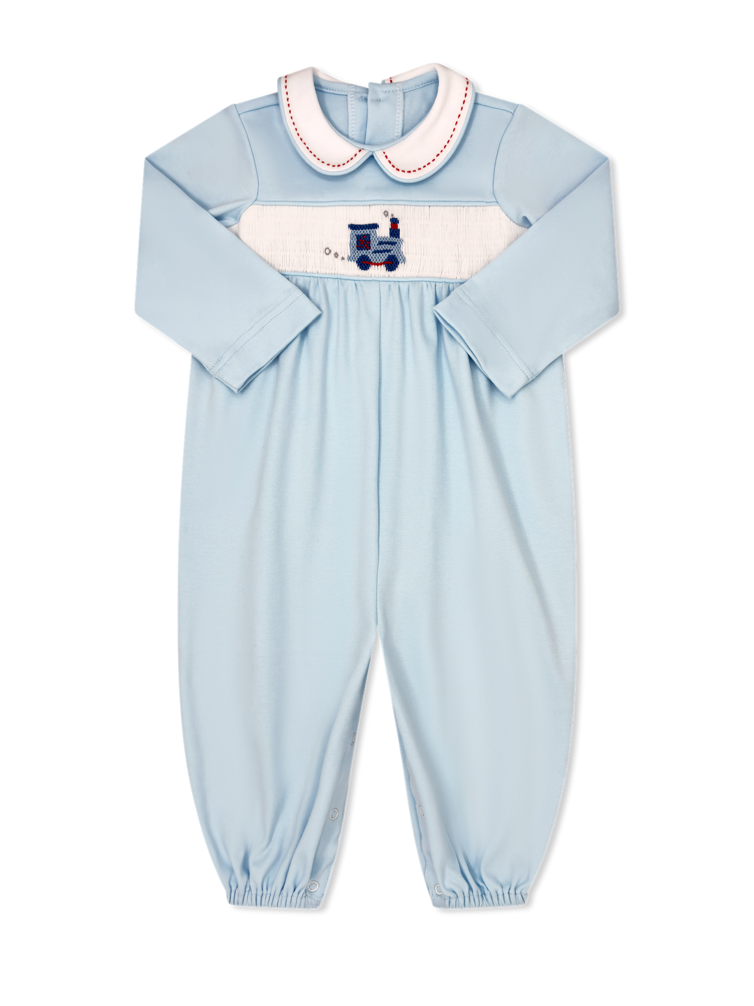 Light blue baby romper with smocked train design