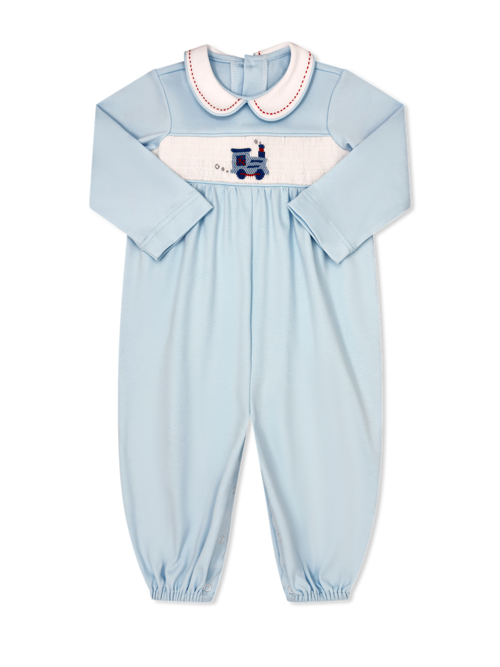 Light blue baby romper with smocked train design