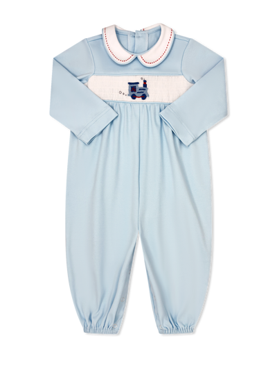 Light blue baby romper with smocked train design