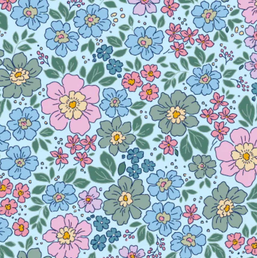 Pattern of colorful flowers on a light blue background