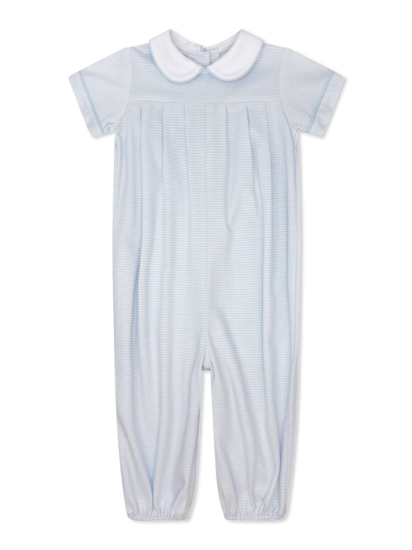 Baby romper with blue and white striped pattern on a white background