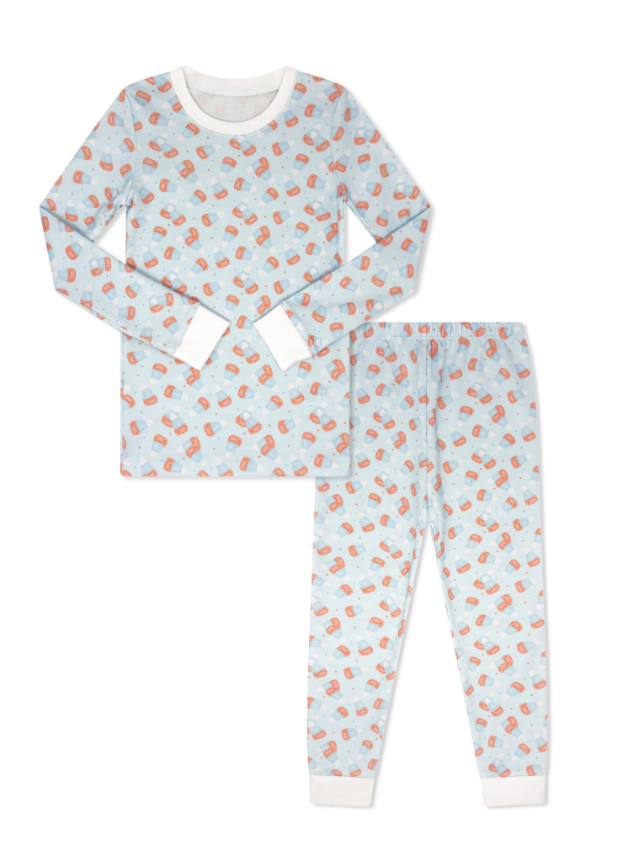 Children's pajama set with long-sleeve top and pants on a white background