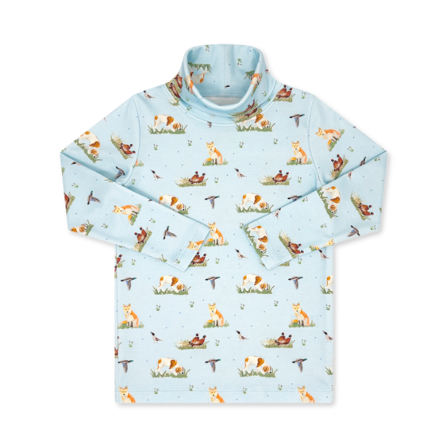 Light blue long-sleeve shirt with animal pattern on a white background