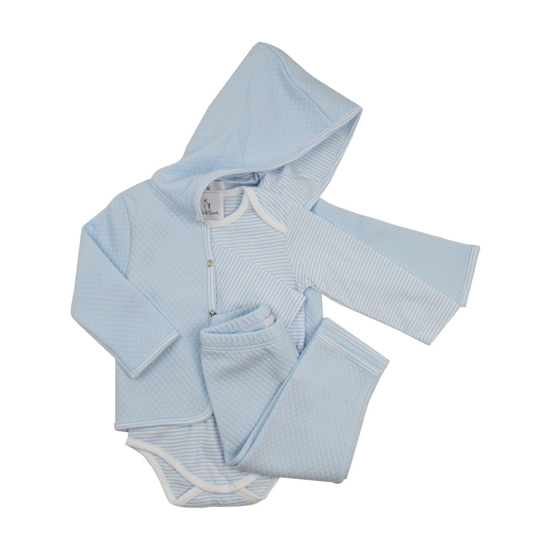 Light blue baby outfit with a jacket, pants, and onesie on a white background