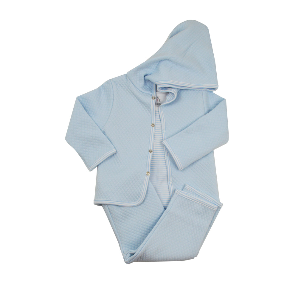 Light blue baby outfit with a hood on a white background