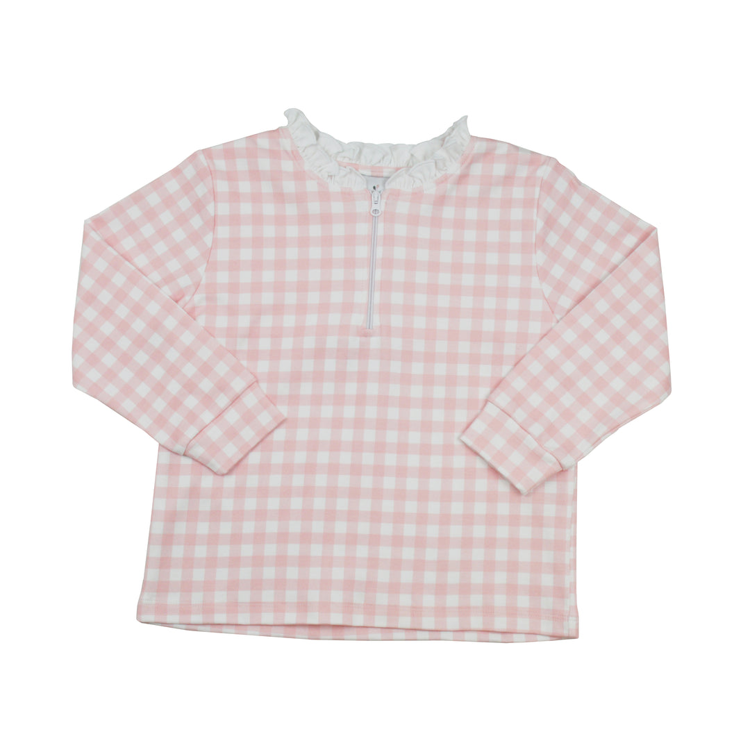 Pink and white checkered shirt with a zipper on a white background
