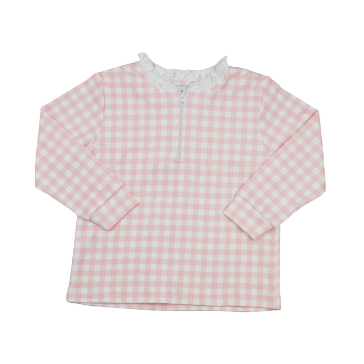 Pink and white checkered shirt with a zipper on a white background