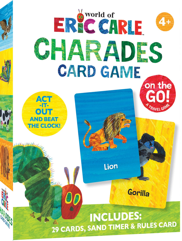 World of Eric Carle Charades Card Game packaging with cards and game components.