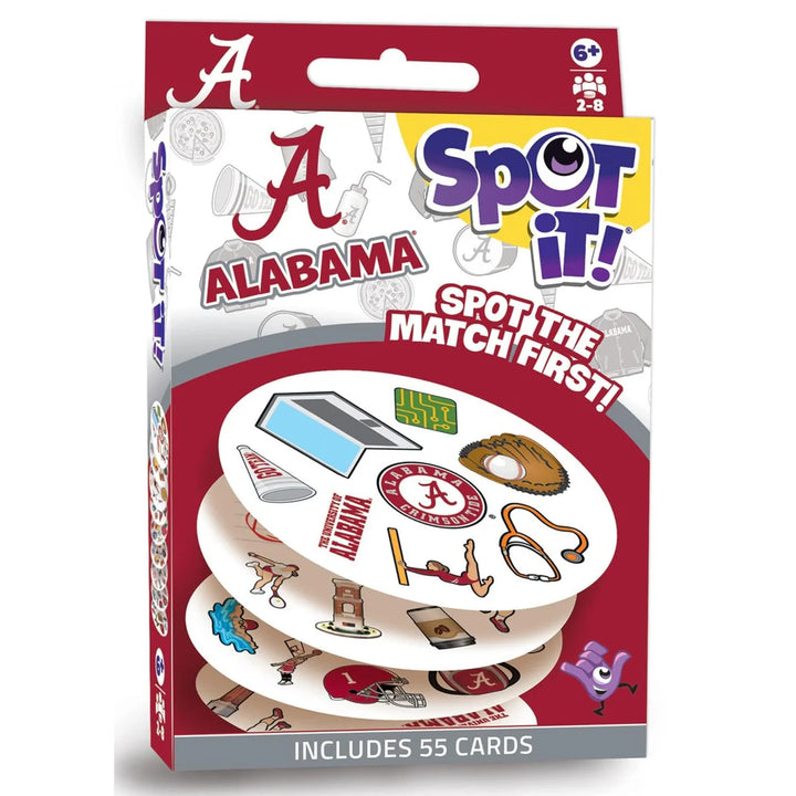Packaging of 'Spot It!' game featuring Alabama logo on a white background
