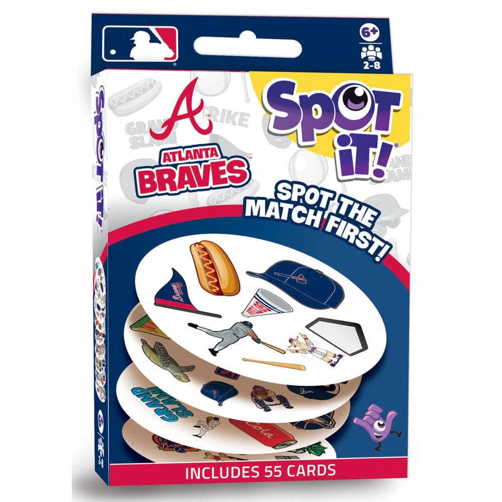 Atlanta Braves Spot It! game packaging with colorful design and card illustrations.