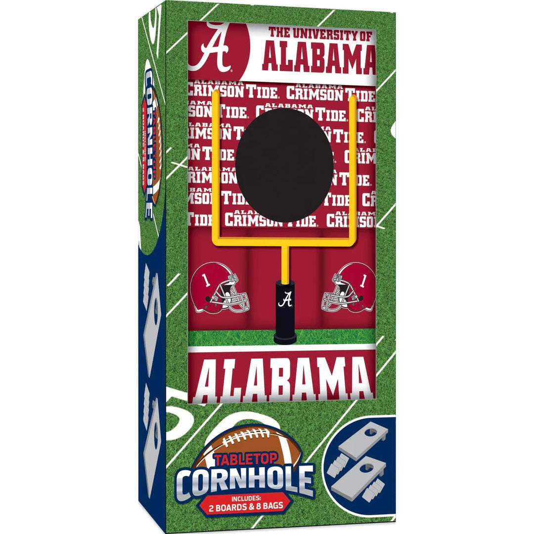 Cornhole game set packaging with Alabama Crimson Tide branding