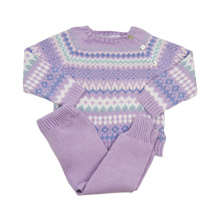 Purple knitted outfit with a pattern on a white background