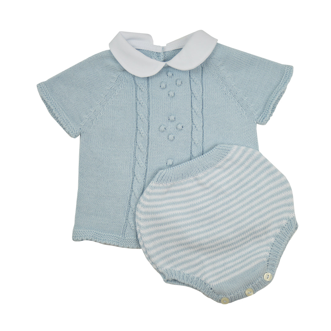 Light blue baby romper with white collar on a white background
