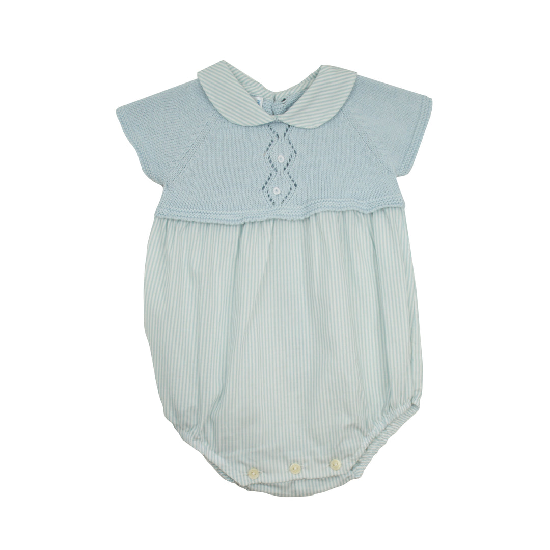 Baby romper with light blue and white striped top and matching bottom on a white background