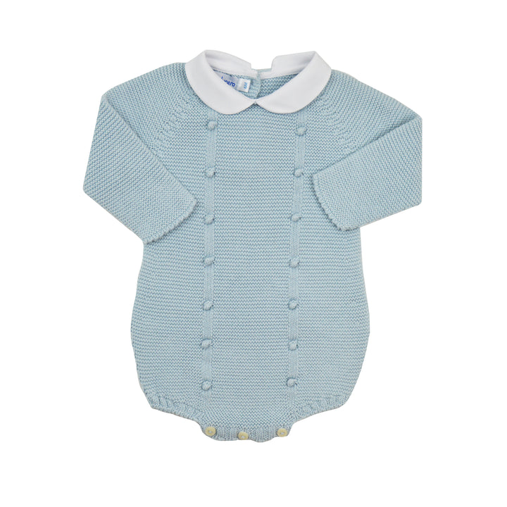 Light blue knitted baby romper with white collar on a white background