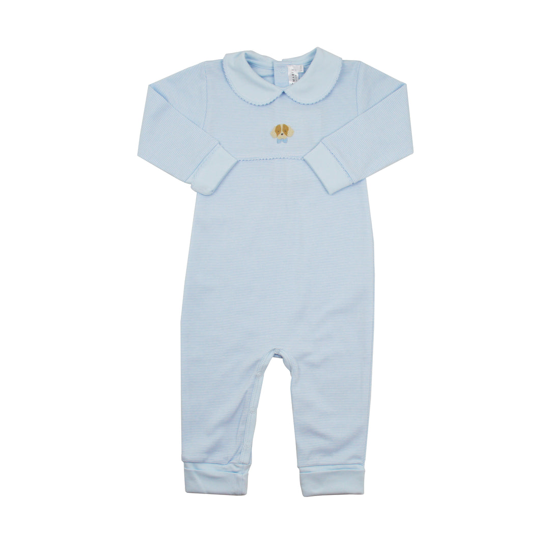 Light blue baby playsuit with a collar and a puppy on a white background