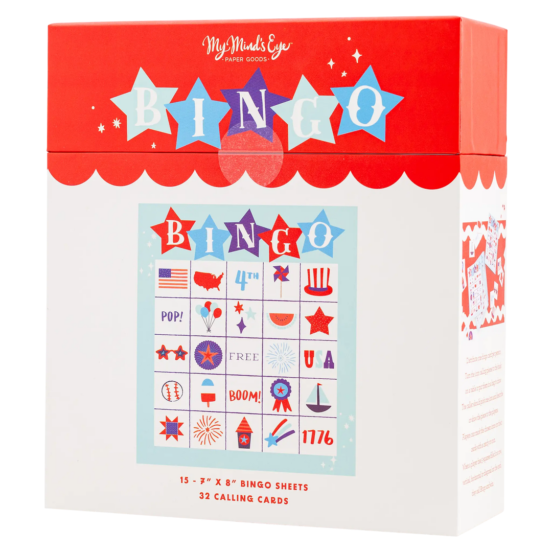 Bingo game set packaging with colorful designs on a white background