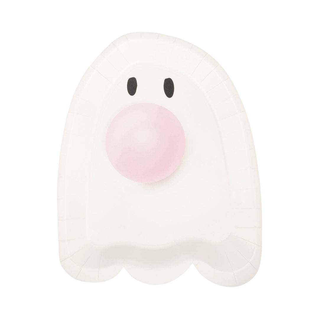 A ghost-shaped paper plate with a cute face, featuring black oval eyes and a soft pink circular nose, isolated on a white background.