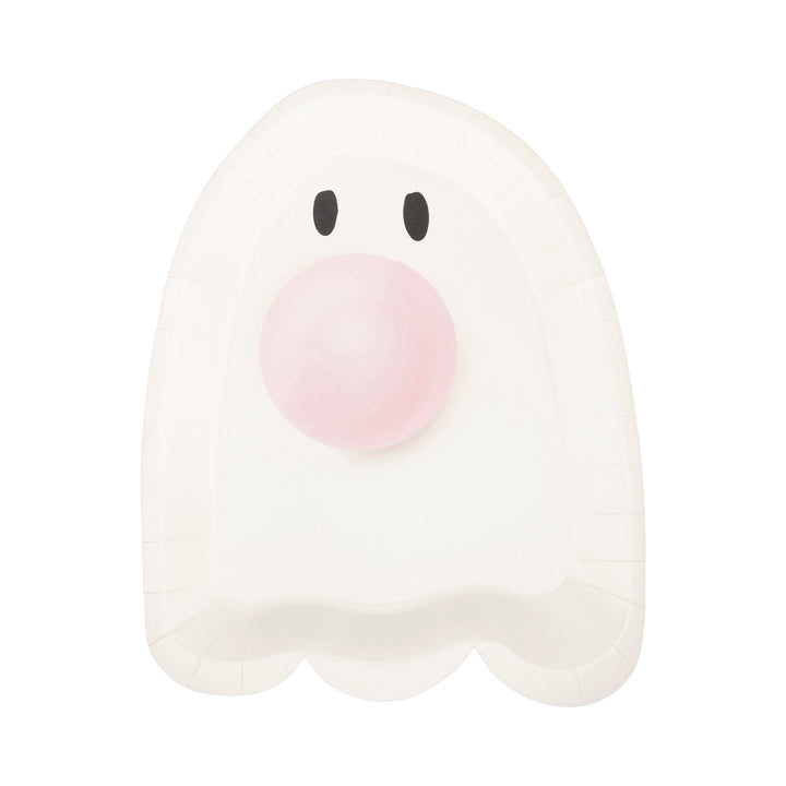 A ghost-shaped paper plate with a cute face, featuring black oval eyes and a soft pink circular nose, isolated on a white background.