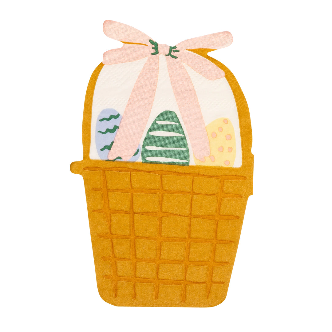 Yellow woven basket with a pink bow containing Easter eggs on a white background