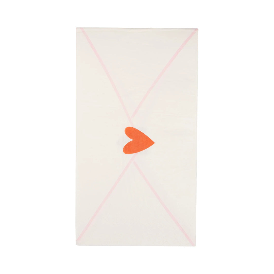 White envelope napkins with a red heart on a white background