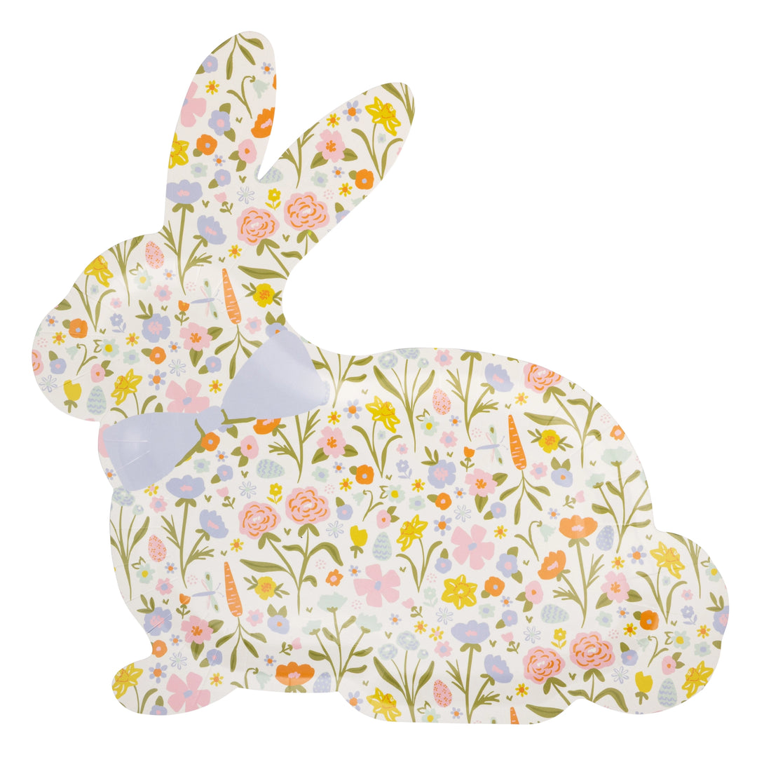 Floral-patterned bunny-shaped paper plates on a white background
