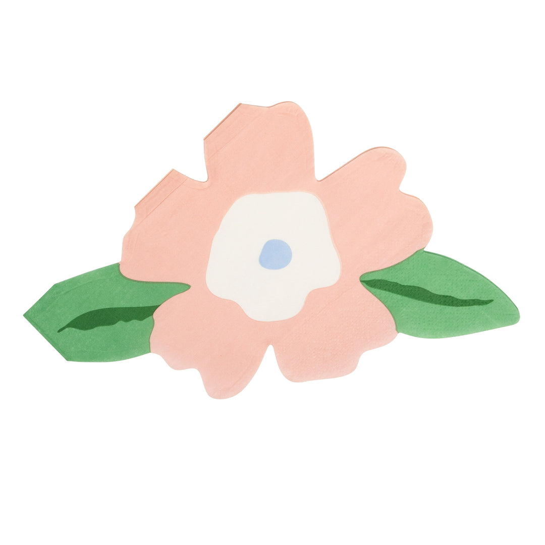 Floral design with a pink flower and green leaves on a white background