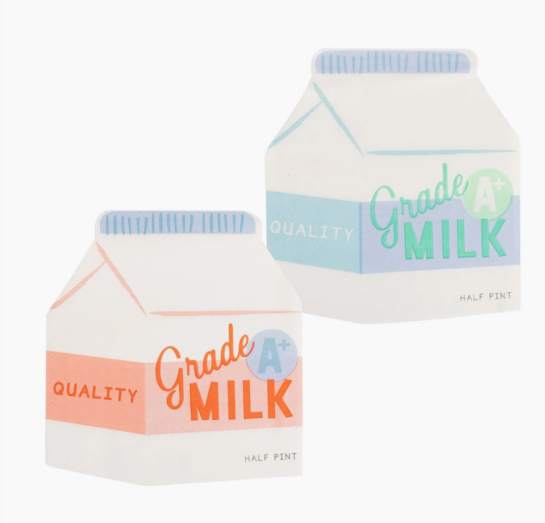 Two milk carton-shaped paper napkins with &