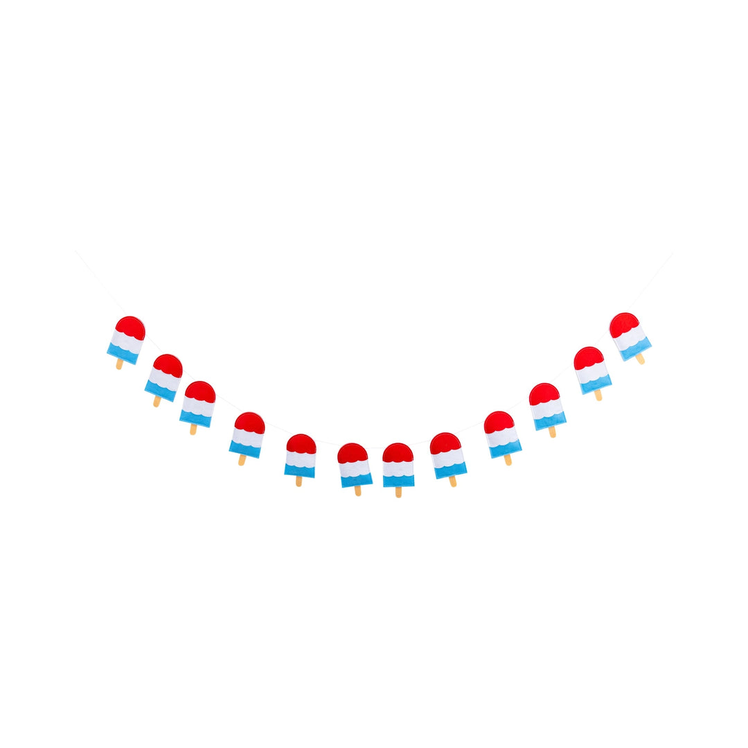 Decorative string with small red, white, and blue flags on a white background