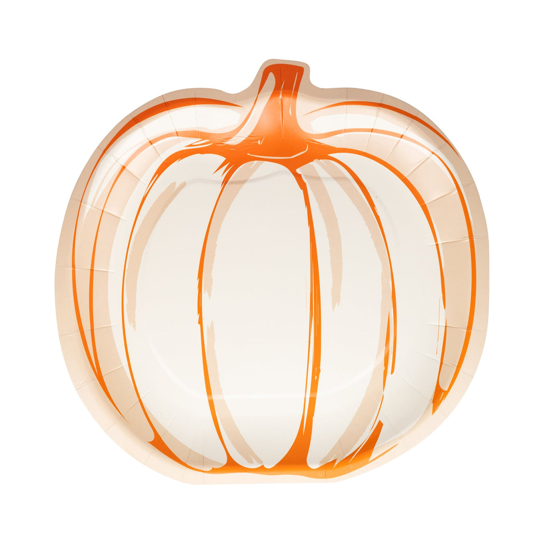 Pumpkin-shaped plates with orange and beige pattern on a white background