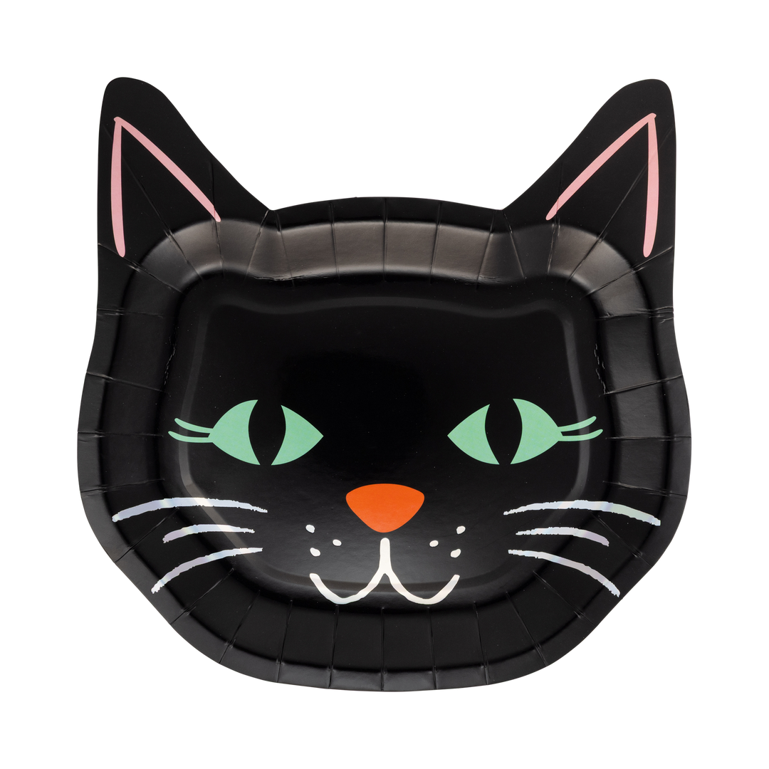 A black paper plate shaped like a cat&