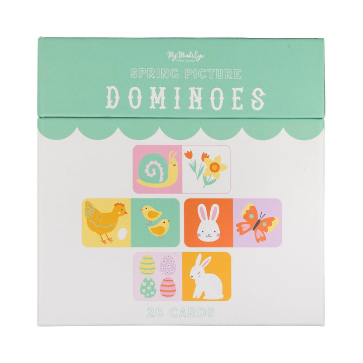 Box of spring-themed picture dominoes game with colorful illustrations on a white background.