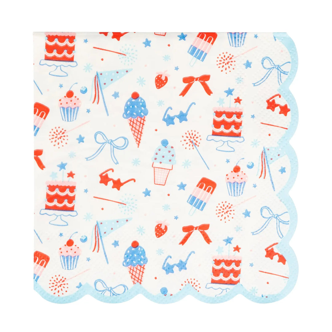 Patterned paper plates with cake, ice cream, and bow designs on a white background