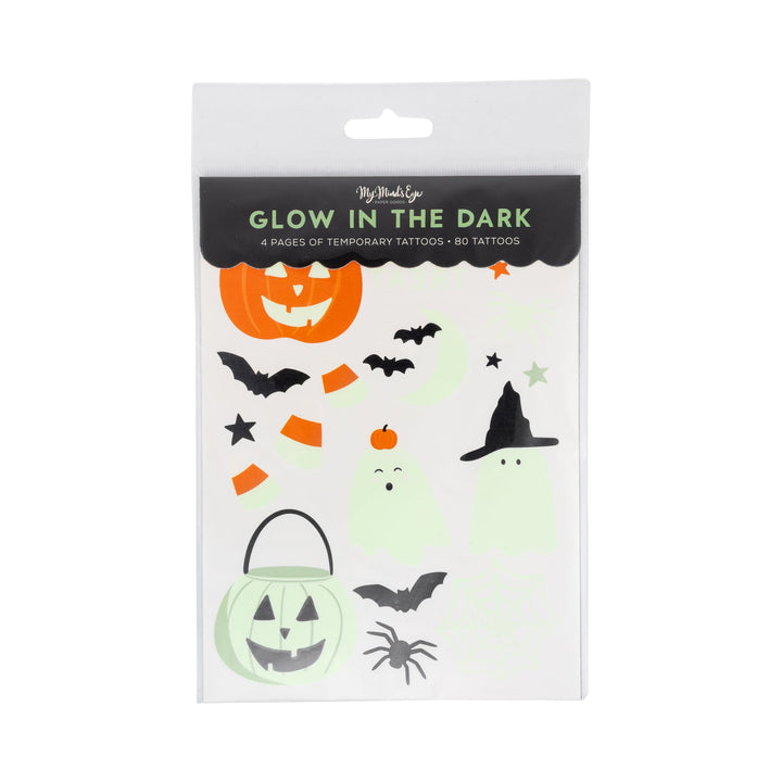Pack of glow in the dark temporary tattoos featuring Halloween designs including a jack-o&