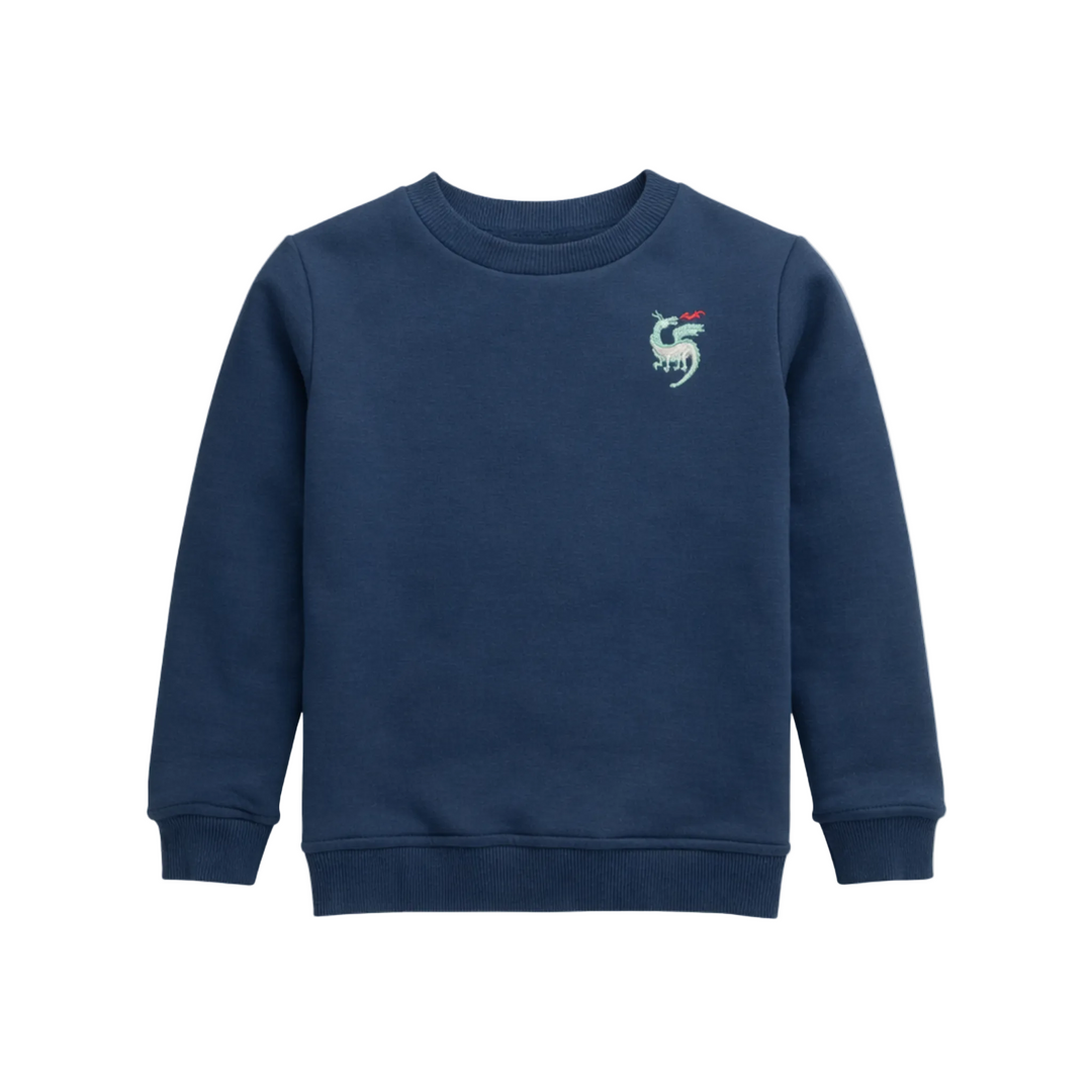 A navy blue crewneck sweatshirt with a small embroidered green dragon graphic holding a French flag on the left chest, displayed on a clean off-white background.