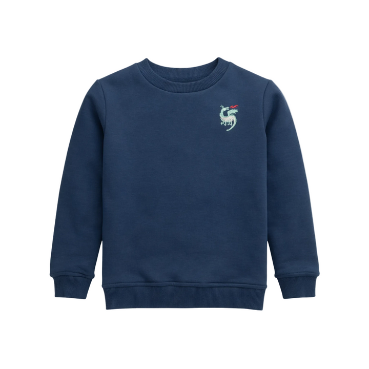 A navy blue crewneck sweatshirt with a small embroidered green dragon graphic holding a French flag on the left chest, displayed on a clean off-white background.
