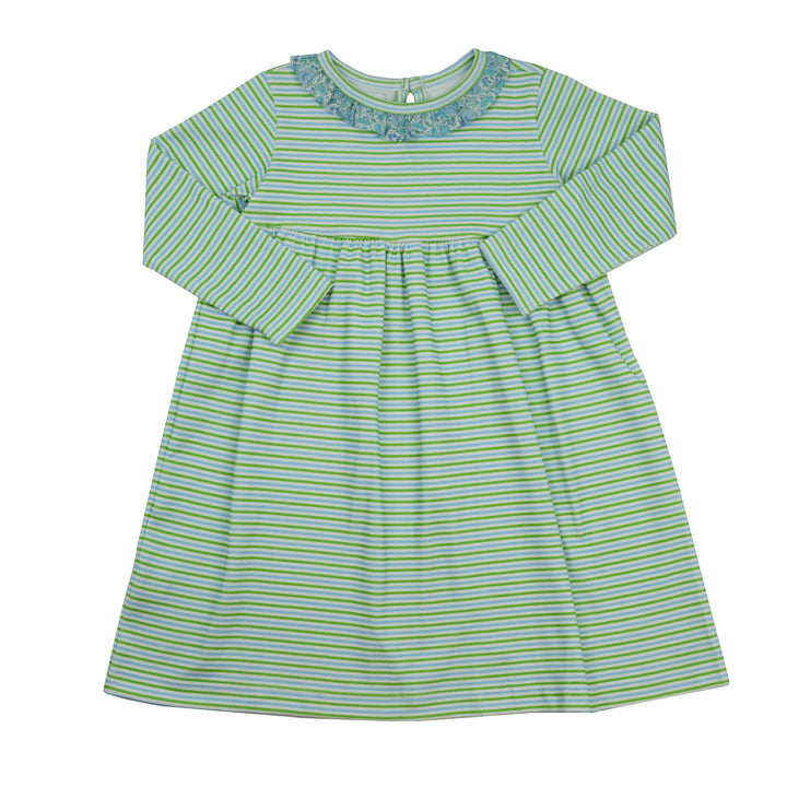 Green and white striped dress with floral neckline on a white background