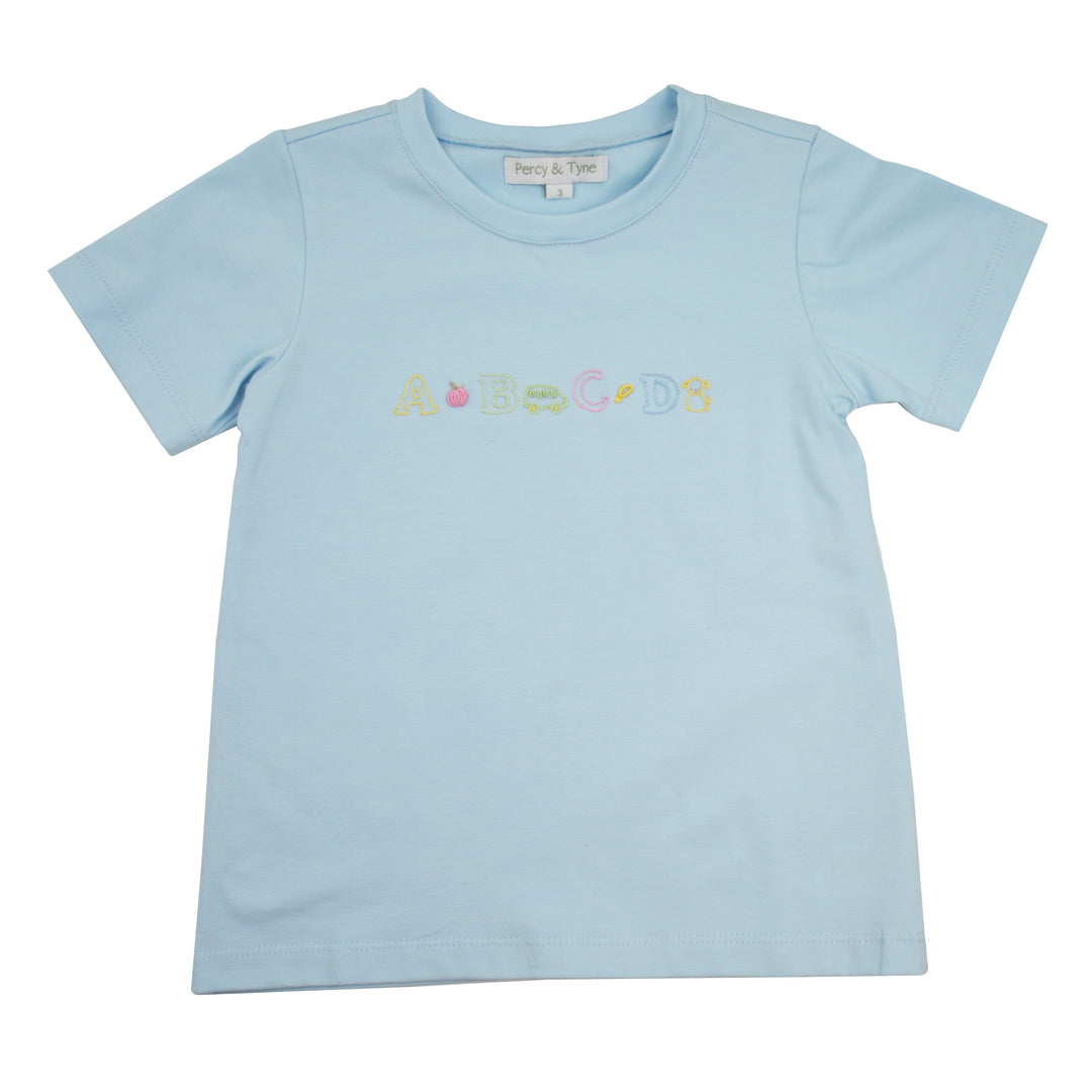 A light blue short-sleeve crewneck t-shirt for kids, featuring the word &