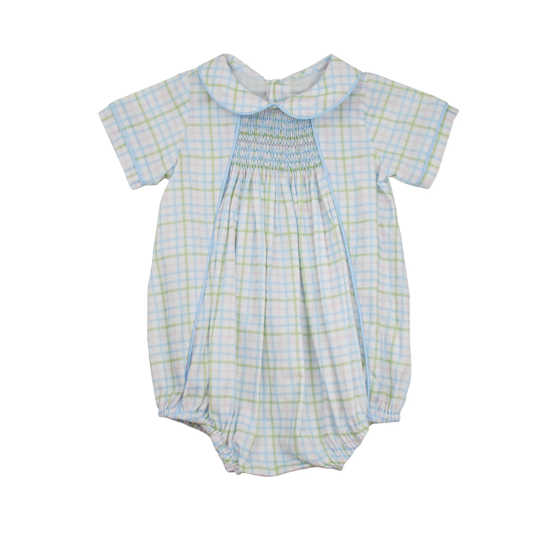 Baby romper with plaid pattern on a white background