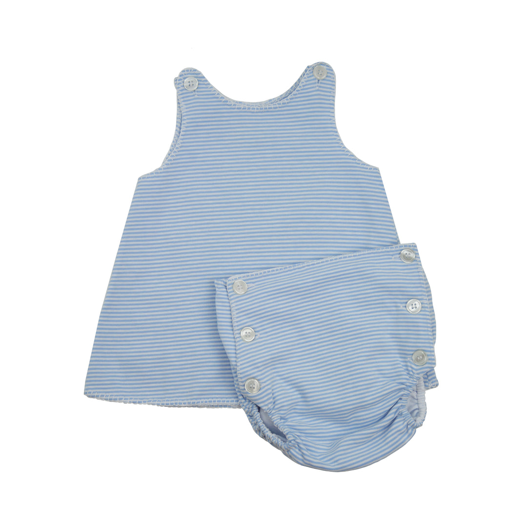 Blue striped baby romper with button details on a white background
