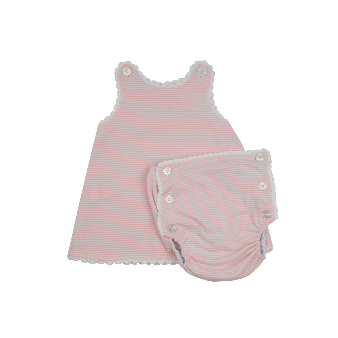 Pink striped baby dress with bloomers on a white background