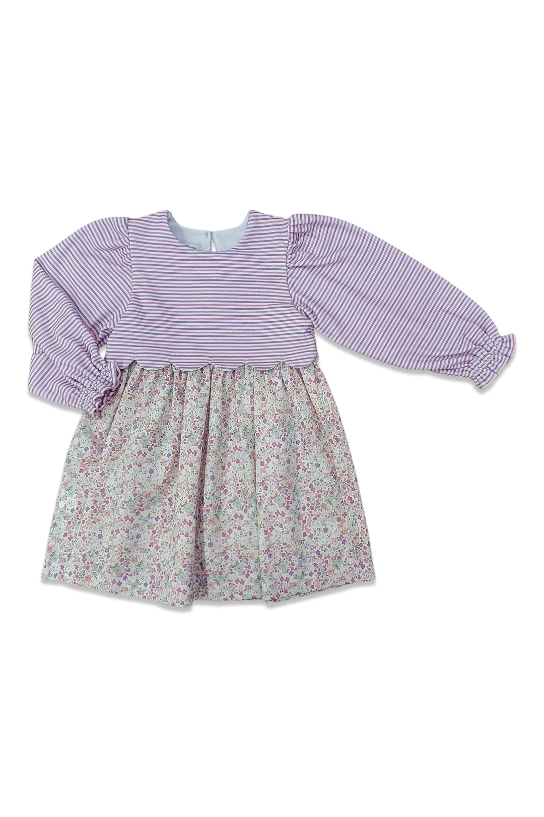 Children's dress with striped purple top and floral skirt on a white background
