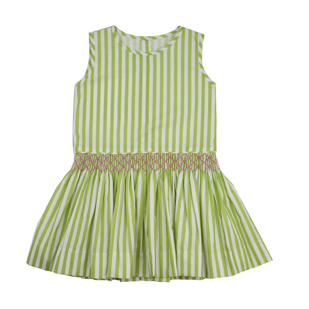 Green and white striped dress with a smocking belt on a white background