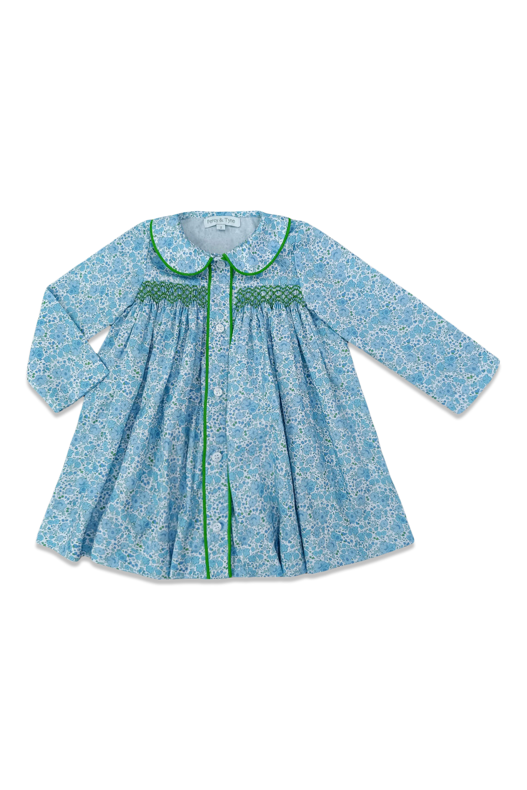 Blue floral dress with green trim on a white background