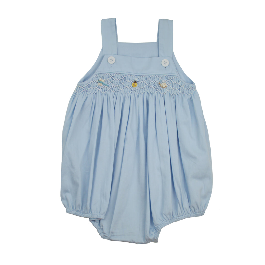 Light blue baby romper with smocked waist on a white background