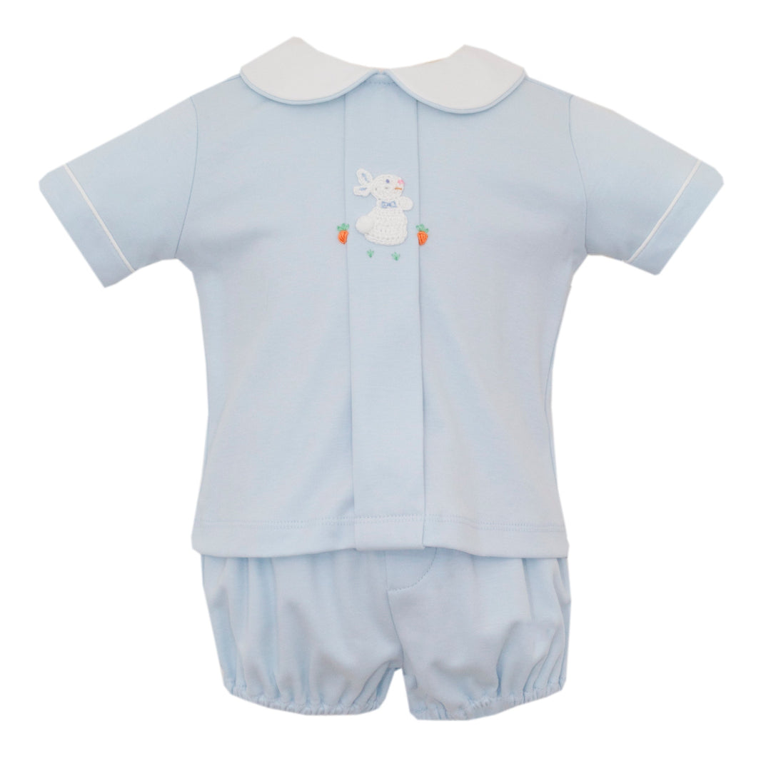 Light blue baby outfit with embroidered design on a white background