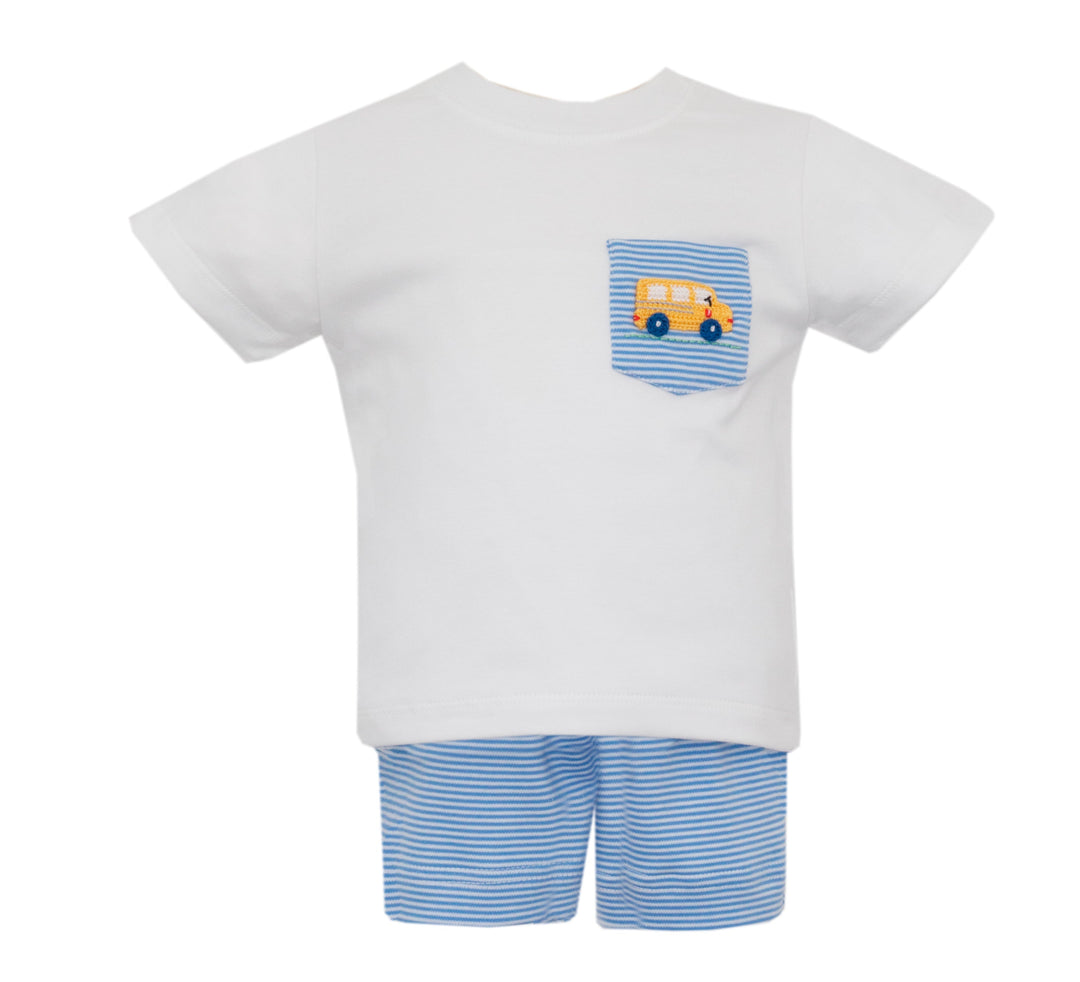 White t-shirt with a blue stripe and bus design, paired with blue striped shorts on a white background.